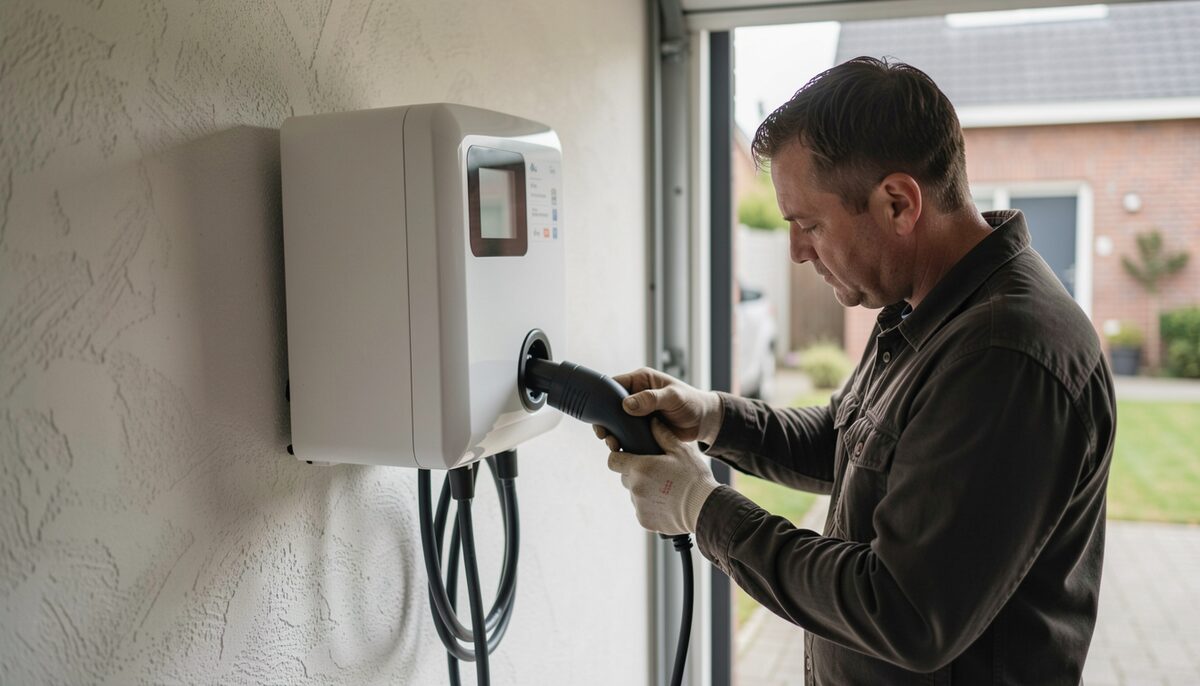 Une borne de recharge murale blanche fixée dans un garage de maison belge, câble enroulé, un électricien teste la prise avec un appareil