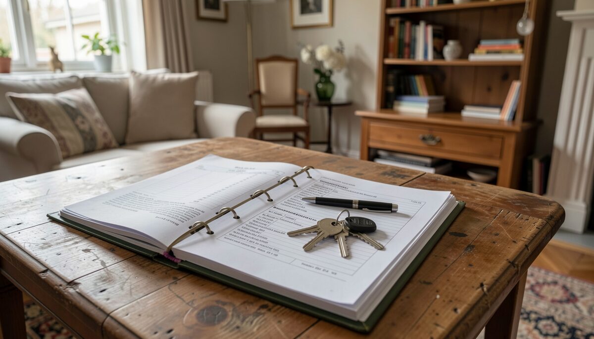Sur la table d'un salon de maison belge, un dossier de vente ouvert avec le rapport d'un organisme de contrôle électrique, des clés et un stylo posés dessus