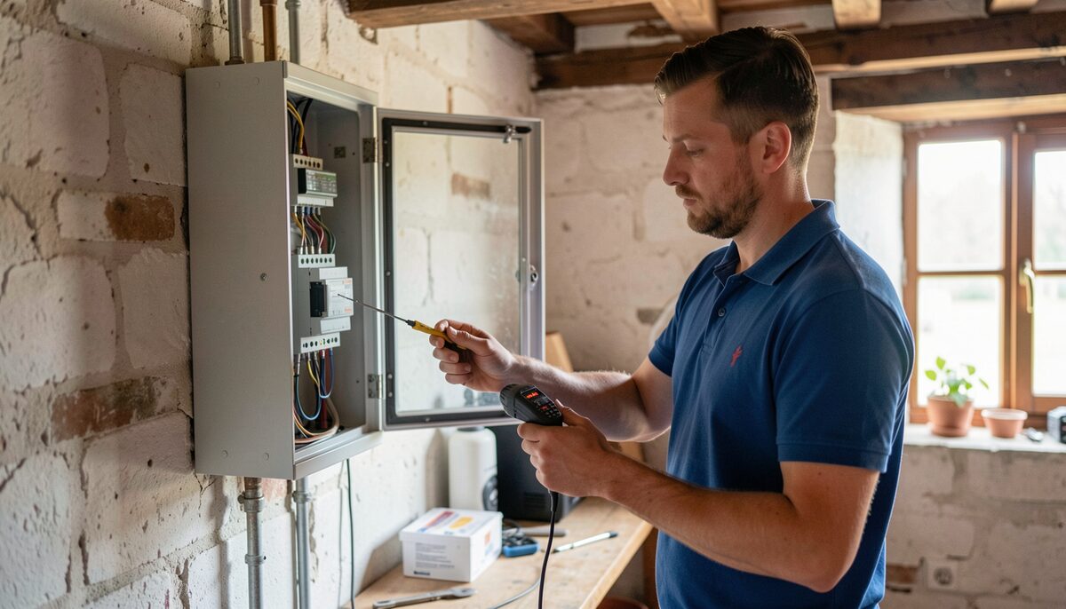 Un contrôleur d'organisme agréé en polo bleu vérifie un tableau électrique mural ouvert, appareil de mesure à la main, dans le cellier d'une maison belge
