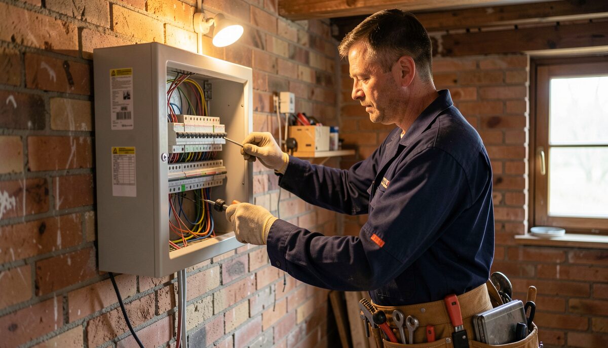 Un électricien de l’équipe repère les départs d’un tableau neuf dans une maison du Brabant wallon.