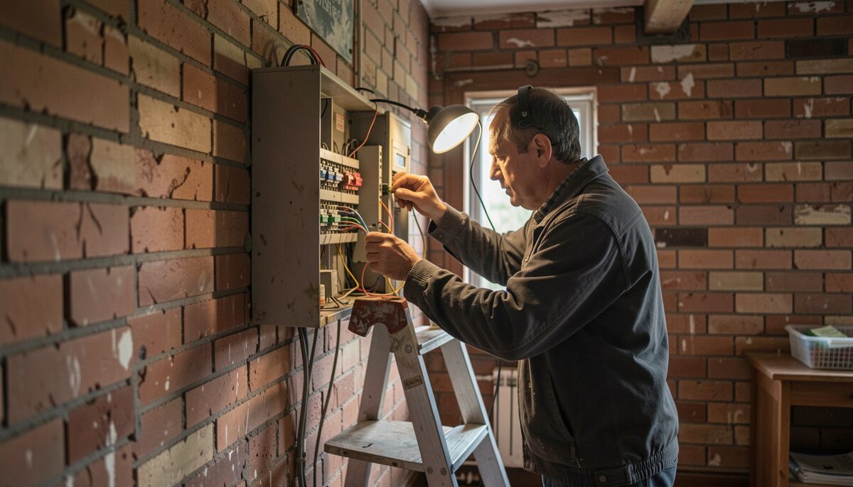 Un électricien remplace les disjoncteurs d'un vieux tableau à fusibles en porcelaine dans le couloir d'une maison en briques, escabeau et lampe frontale