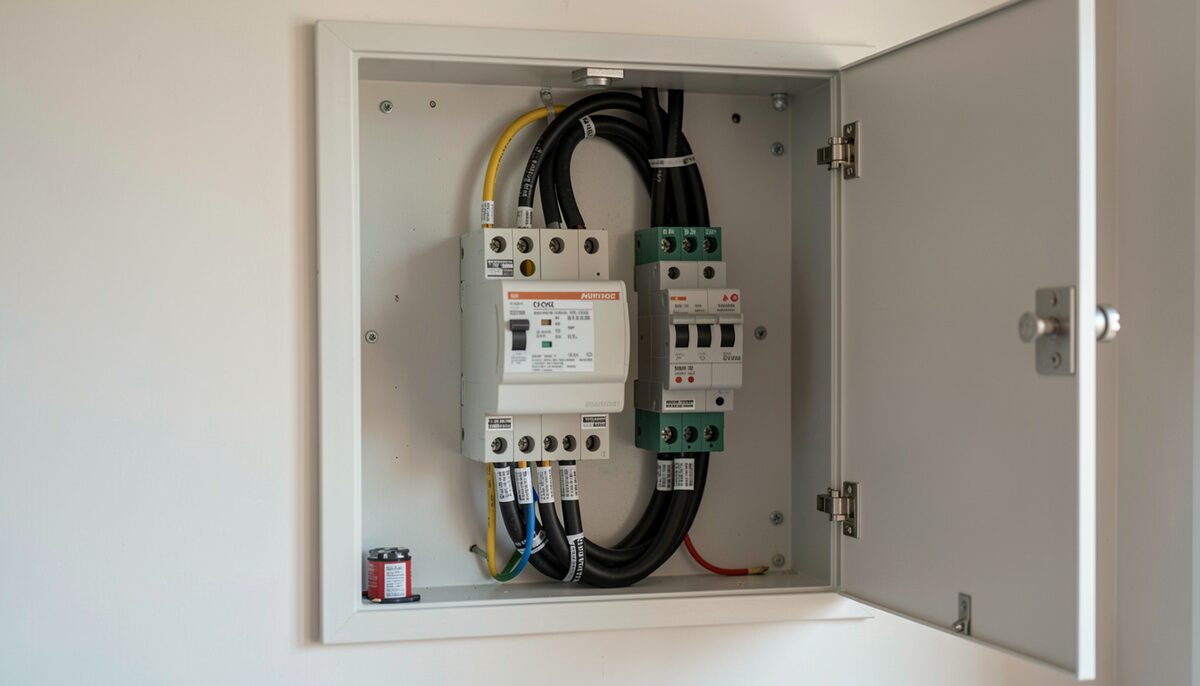 Le compteur électrique et le disjoncteur général dans le placard technique d'une maison, câbles de grosse section et étiquettes du distributeur