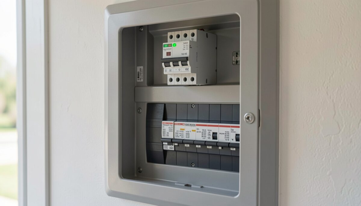 Un module de parafoudre modulaire posé en tête d'un tableau de disjoncteurs, voyant vert allumé, dans un coffret mural bien rangé