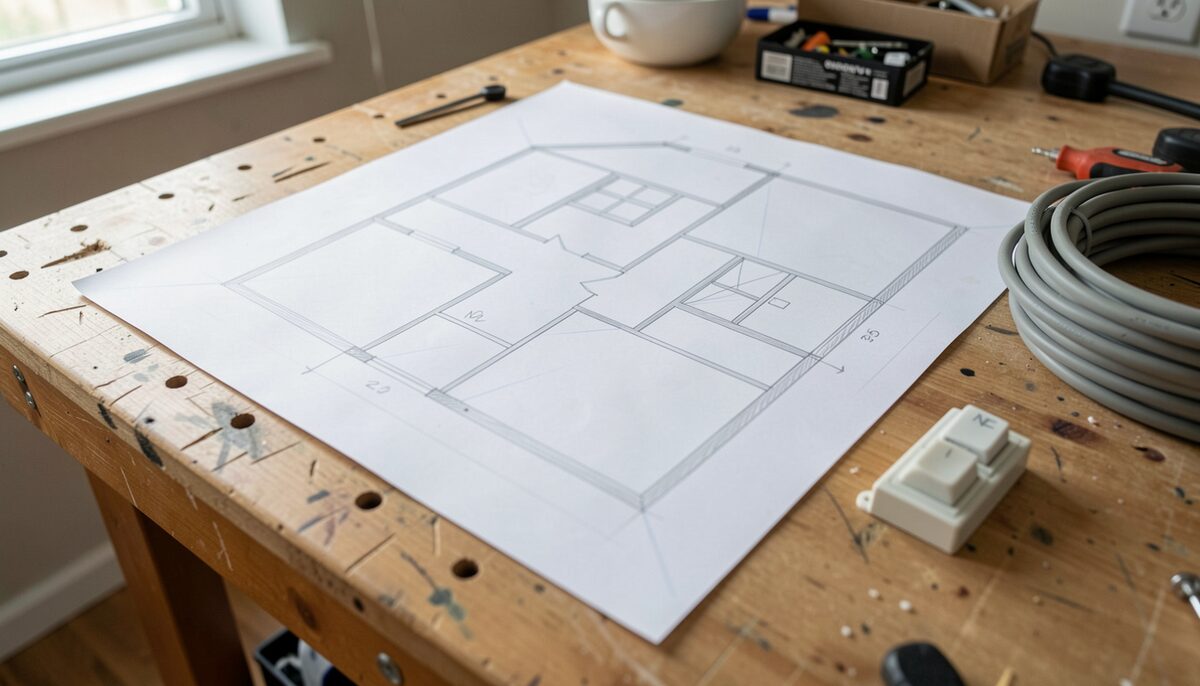 Sur un plan de maison posé sur un plan de travail, des repères de points lumineux dessinés au crayon, un interrupteur va-et-vient et un rouleau de câble à côté