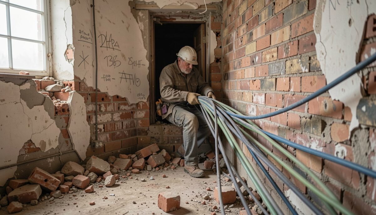 Un électricien tire un faisceau de câbles neufs dans une saignée de mur en briques d'une maison ancienne, gravats au sol et marquage au crayon