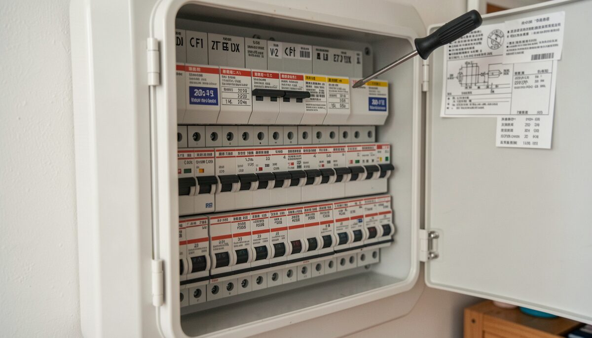 Un tableau électrique neuf à plusieurs rangées de disjoncteurs modulaires en cours de repérage, étiquettes imprimées et tournevis posé sur le capot